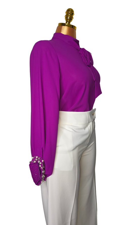 Purple blouse and white trouser set