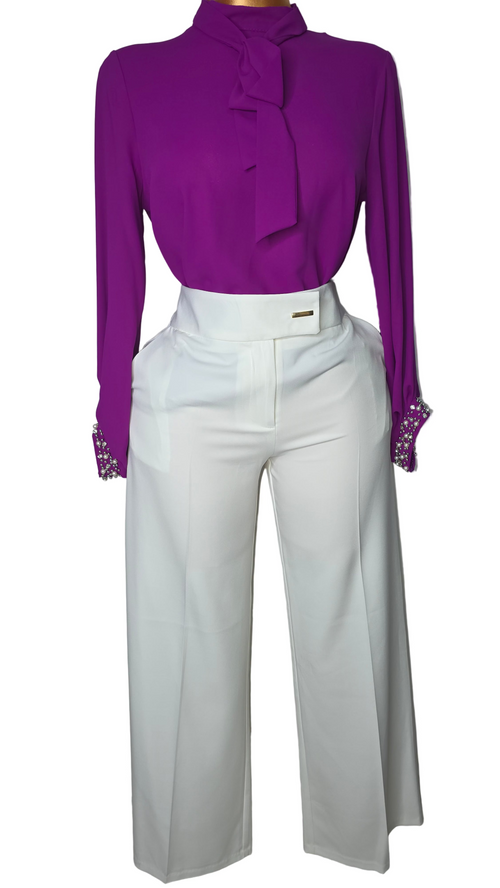 Purple blouse and white trouser set