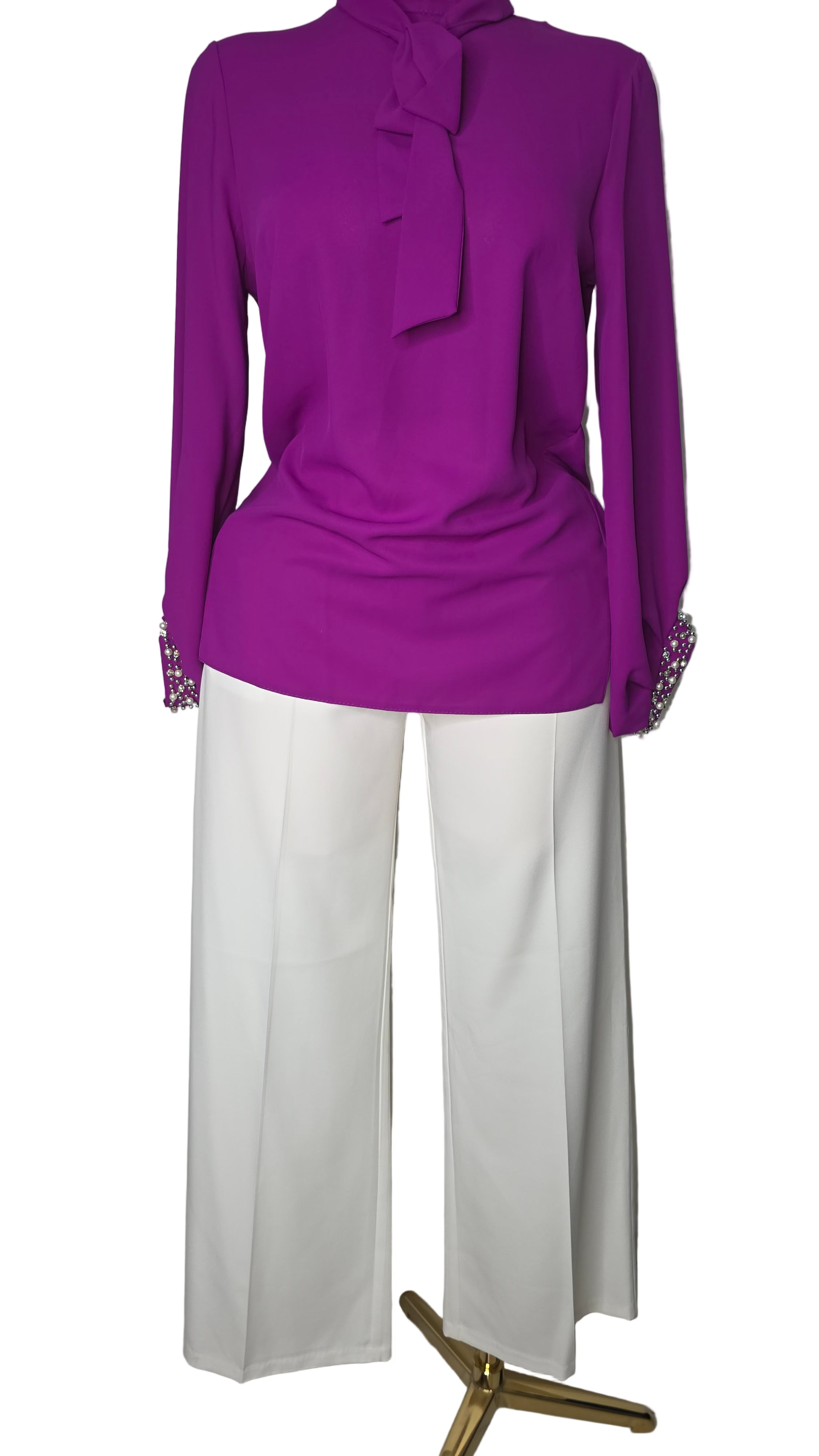 Purple blouse and white trouser set
