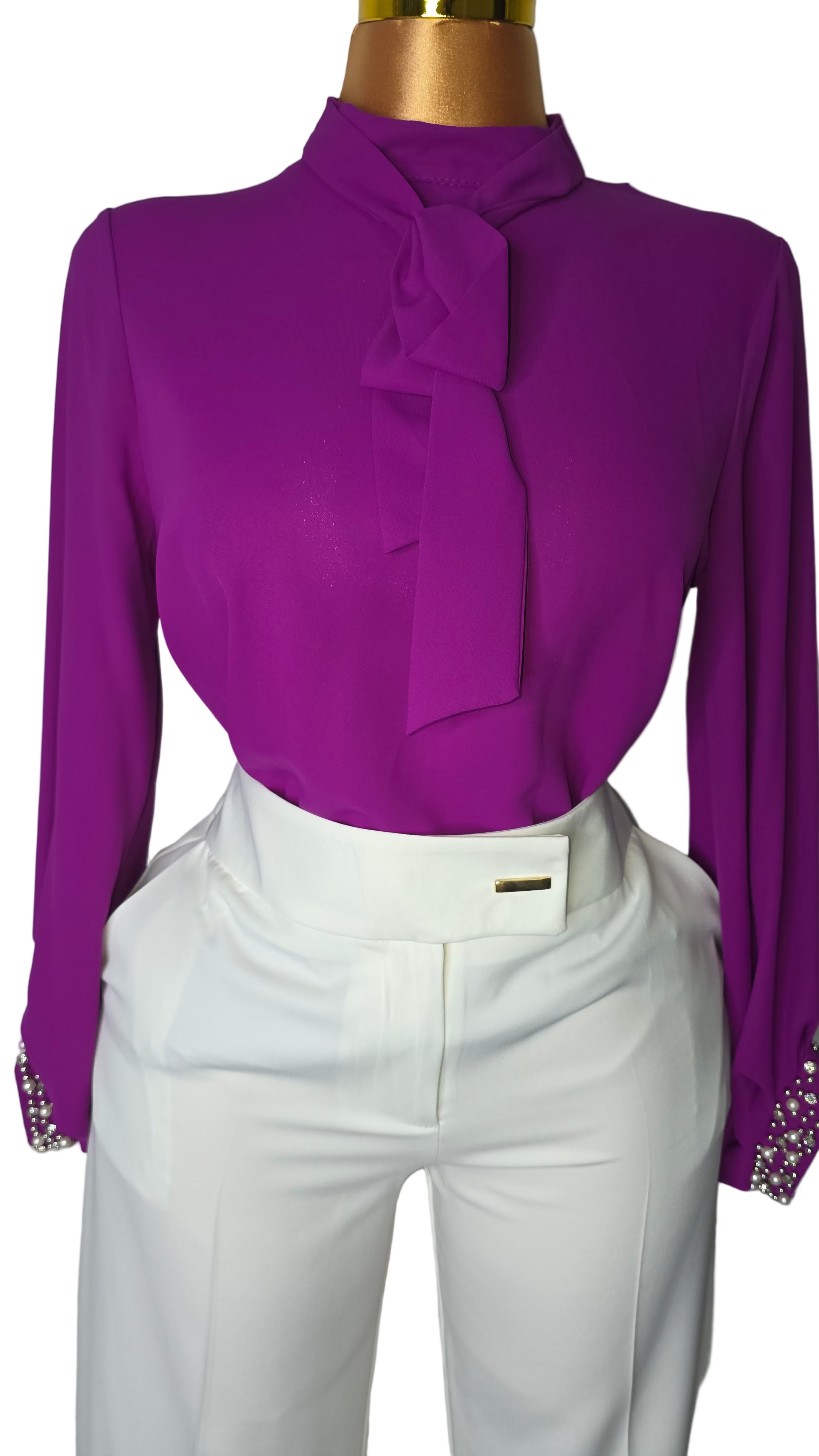 Purple blouse and white trouser set